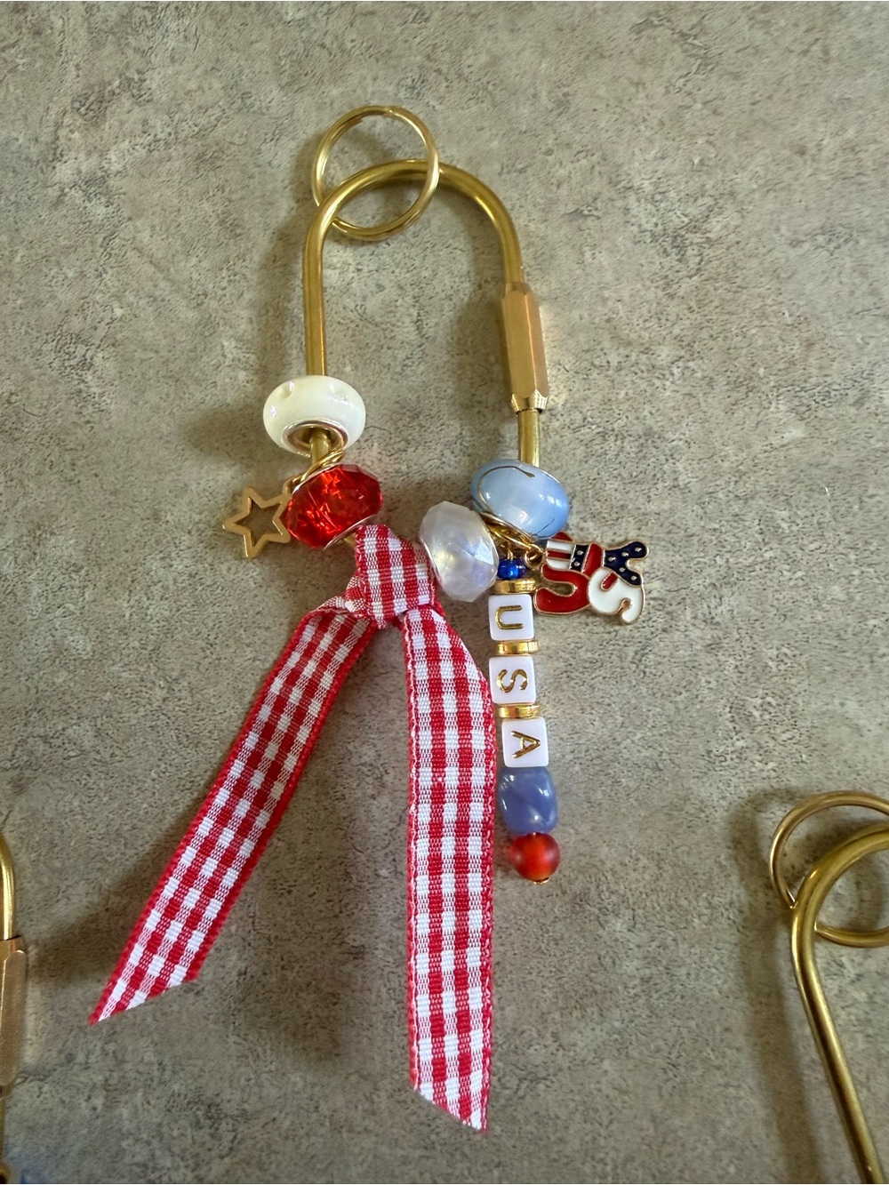 Patriotic Red White Blue women’s Keychain Charm with Ribbon and Beads